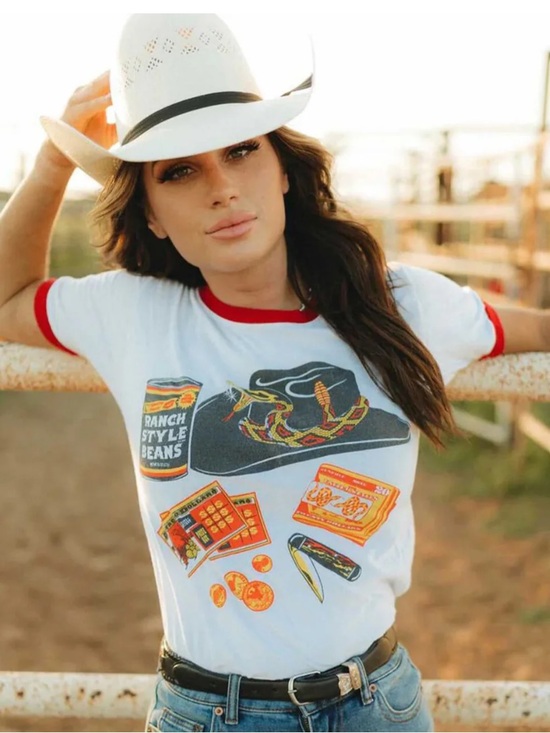 feels so good Tops - Casual White Ringer Tee with Red Trim & Western Graphic